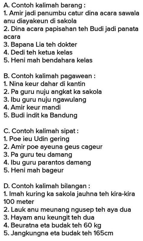 Pek damel ku hidep conto kalimah barang  Daripada pensaran, berikut ini 40 contoh soal PTS Bahasa Sunda kelas 4 semester 2, simak: 1